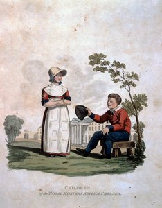 Colnaghi und Co. 1812-15によって発行されたJCスタドラーによって刻まれた「大英帝国軍のコスチューム、最後の規則1812による」からのチェルシー王立軍事亡命の子供たち 作： Charles Hamilton Smith
